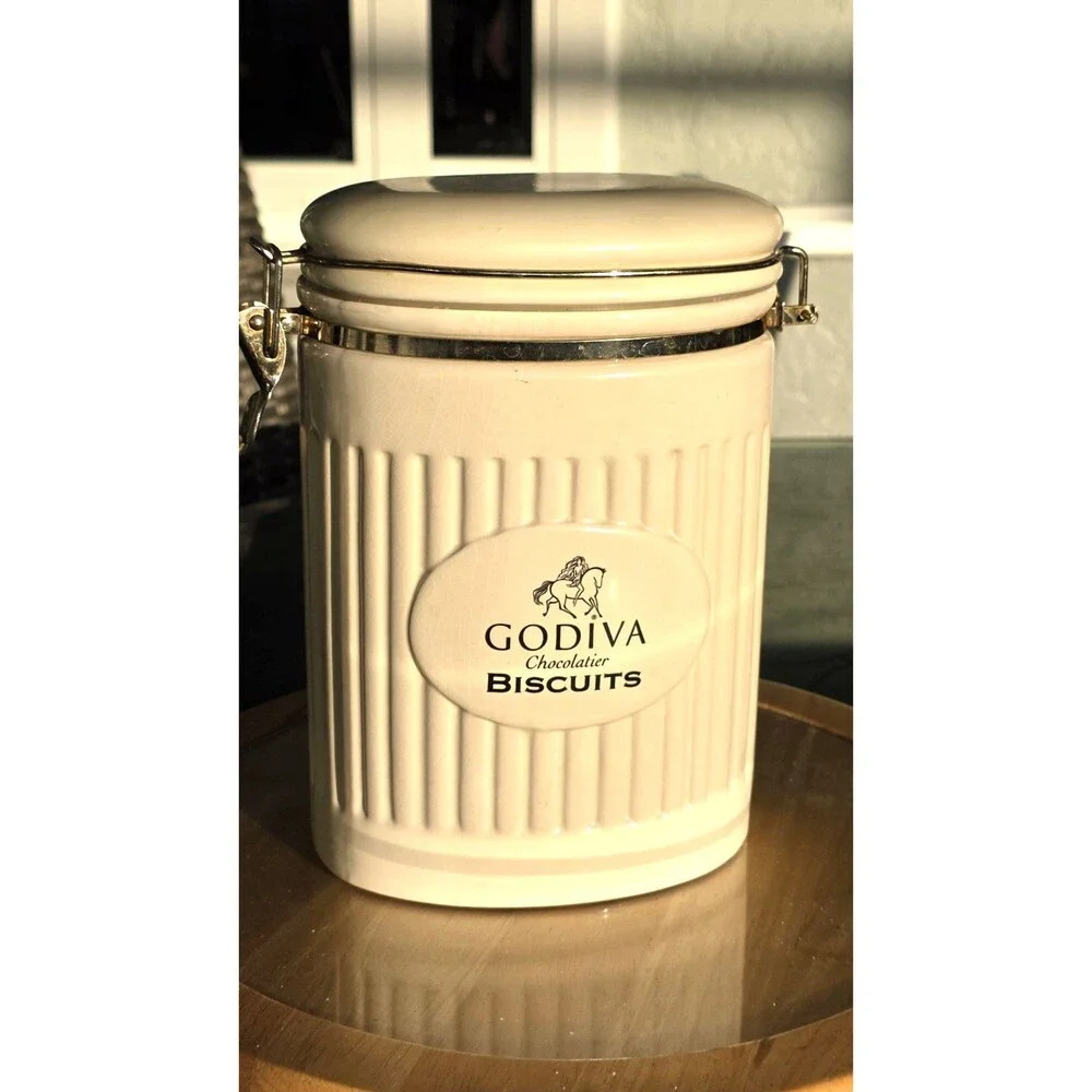 Godiva Chocolatier Biscuits Oval Ceramic Jar Canister w/ Latch Lid Cream Color